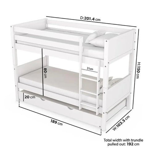 Dimensions of Ezra White Detachable Bunk Bed – Fits UK Single Mattresses