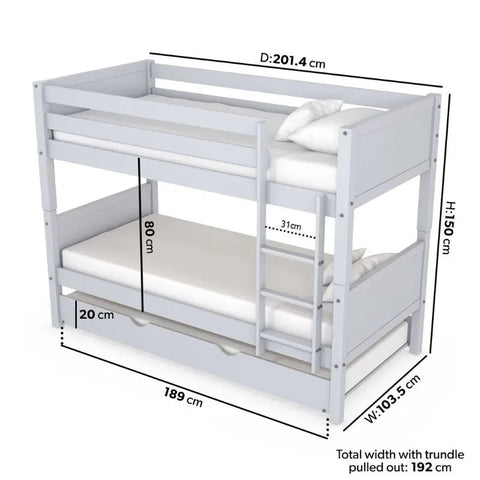 Dimensions Diagram of Ezra Grey Wooden Bunk Bed with Trundle | Space-Efficient Design