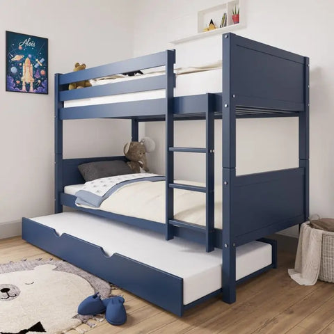  Navy Blue Wooden Bunk Bed with Trundle - Space-Saving Kids Bed UK | Ezra