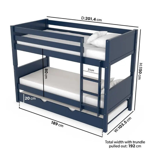Dimensions of Navy Blue Bunk Bed - Fits UK Single Mattresses 