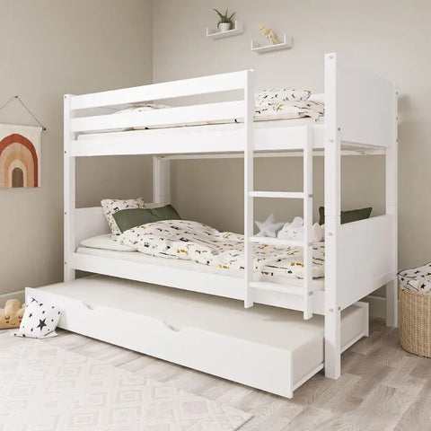 Ezra White Wooden Detachable Bunk Bed with Trundle – Space-Saving Kids Bunk Bed UK